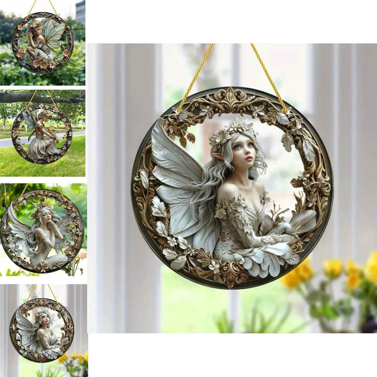 Flower Fairy Garden Decorations Angel Wing Christmas Halloween Deco Statue Art Elf Sculpture Hanging Craft for Outdoor Yard Courtyard Lawn Patio Window Acrylic Ornament Home Gift (D,S: 6*6 IN)