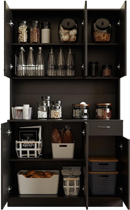 71" Black Kitchen Pantry Cabinets with Microwave Stand, 6 Doors & 3 Adjustable Shelves, Freestanding China Cabinet Hutch, Buffet Cabinet with Storage