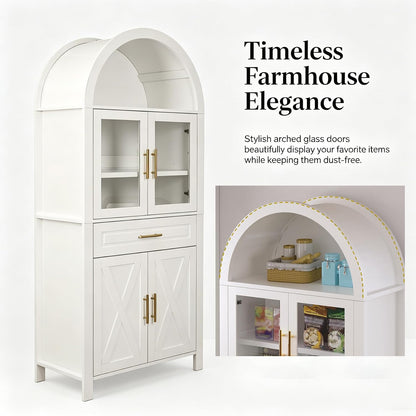 71" Tall Arched Kitchen Pantry Cabinet with Glass Doors - Farmhouse Storage Cabinet with Adjustable Shelves & Barn Door Design - Freestanding Cupboard for Kitchen, Dining & Living Room (White)
