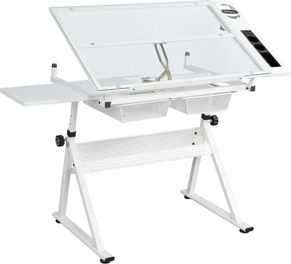 Height Adjustable Drafting Table Desk w/Stool, Tempered Glass Top | Art Craft Drawing Workstation 2 Storage Drawers , Ergonomic , for Painting, Crafting, Architecture Design, Home Studio