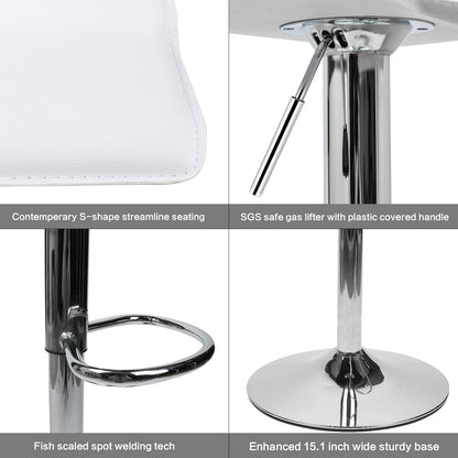 Set of 2 Barstool, Adjustable Swivel Bar Stools with PU Leather and Chrome Base, Gaslift Pub Counter Chairs, White | Swivel, PU Leather, Chrome Base, Gas Lift, Ideal for Kitchen, Home Bar, Pub, Kitchen Island