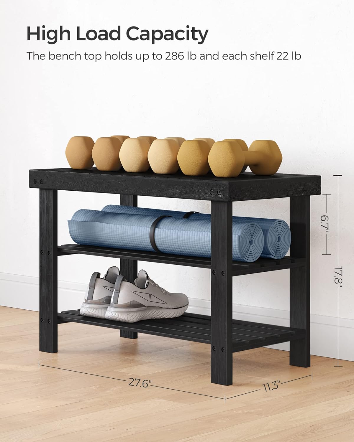 SONGMICS Shoe Rack Bench, 3-Tier Bamboo Shoe Storage Organizer, Entryway Bench, Holds Up to 286 lb, 11.3 x 27.6 x 17.8 Inches, for Entryway Bathroom Bedroom, Ink Black ULBS04H