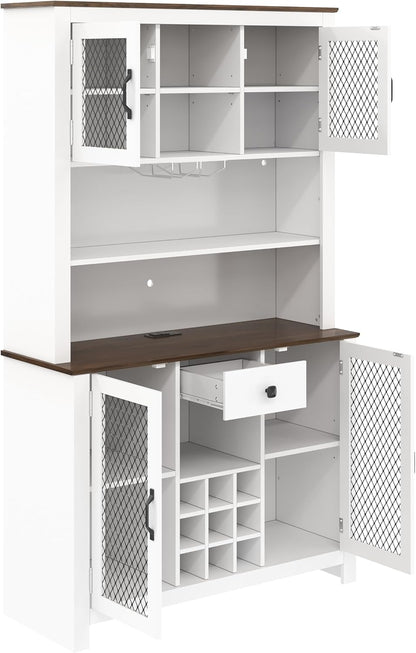 70.9" Kitchen Pantry Storage Cabinet, Rustic Bufft Cabinet with Doors and LED Outlets, Wooden Kitchen Hutch Cabinet with Shelves for Dining Room, White