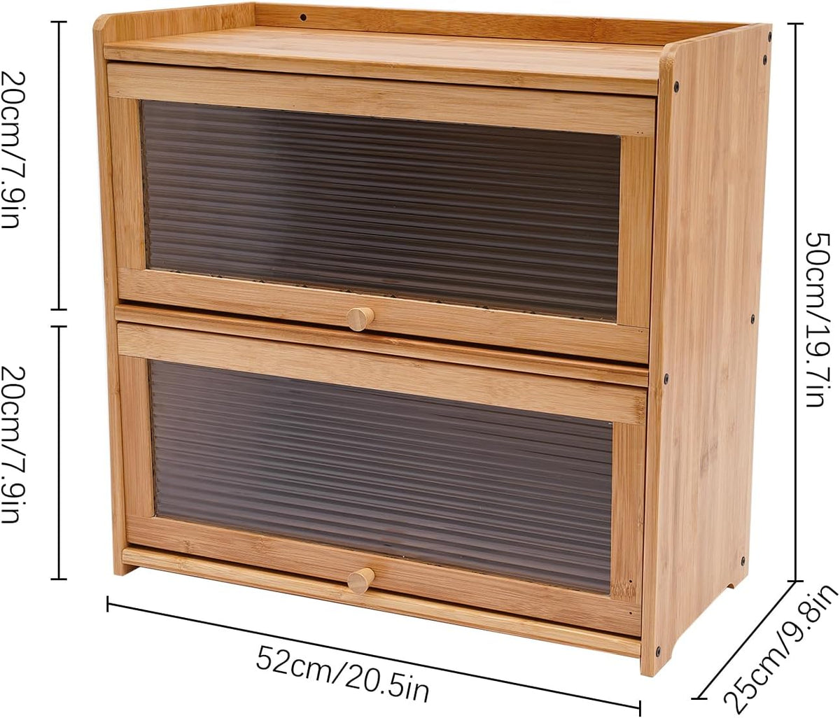 2 Tier Bamboo Countertop Pantry, Kitchen Countertop Flatware Storage Cabinet with 2 Sliding Striped Clear Door Stoppers, Fully Sealed Cutlery Organizer for Condiments, Plates, Bowls