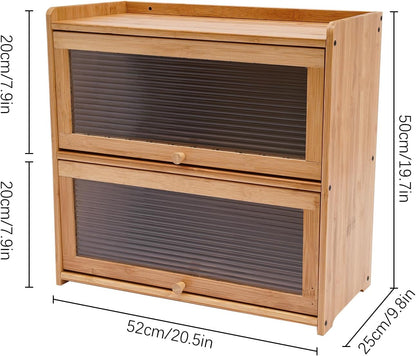 2 Tier Bamboo Countertop Pantry, Kitchen Countertop Flatware Storage Cabinet with 2 Sliding Striped Clear Door Stoppers, Fully Sealed Cutlery Organizer for Condiments, Plates, Bowls