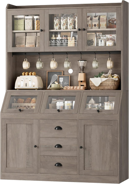 HIFIT 71.4” H Kitchen Hutch Pantry Cabinet with 3 Bread Boxes&7 Metal Hooks | Farmhouse Kitchen Hutch Cabinet with Storage and Glass Doors for Living Dining Room, Home Office, Ash Grey