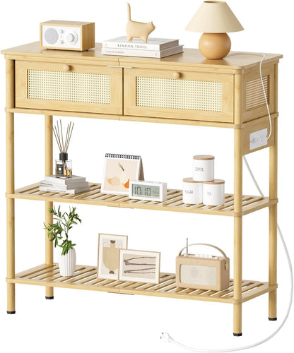 Entryway Table Sofa Console Table, Bamboo Small Entry Way Table with Drawers Storage and Power Outlets for Living Room, Hallway, Foyer, Entrance