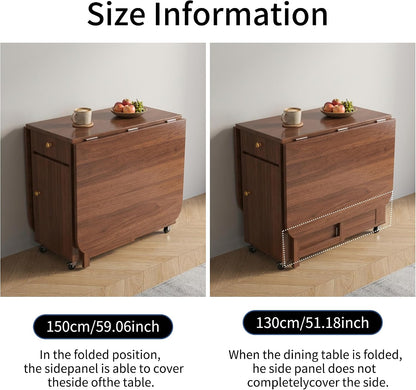 Folding Drop Leaf Dining Room Table 4-6 Seater with Storage and Lockable Wheels, 51" Fully Assembled Solid Wood Space-Saving Foldable Kitchen Table (Walnut)