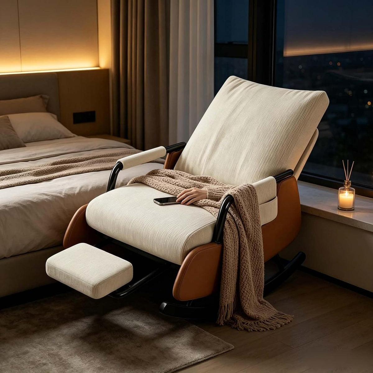 Reading Nook Rocking Chair with Foot Stool,Folding Rocking Chair | Foldable Multi-Angle Recline Indoor Rocker