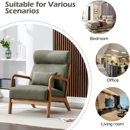 INZOY Mid Century Modern Accent Chair with High Back, Upholstered Living Room Chairs with Waist Cushion, Wood Frame Reading Armchair for Bedroom Sunroom, Green