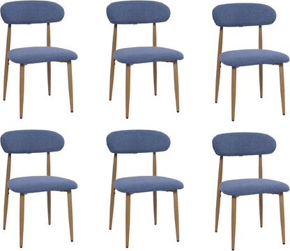 FREKEN Modern Upholstered Dining Chairs Set of 6, Mid-Century Metal Frame with Wood Grain, Linen Fabric Side Chair for Kitchen Dining Room, 350lbs Capacity, Blue