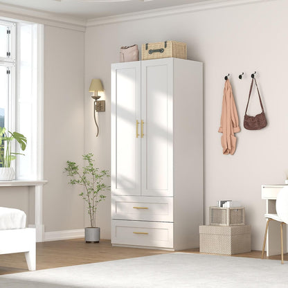 White Wardrobe with 2 Doors: 75" Tall Armoire Wardrobe Closet with 2 Drawers, Bedroom Closet Cabinet for Hanging Clothes, Wooden Storage Armoire with Shelves (Contemporary, 1)