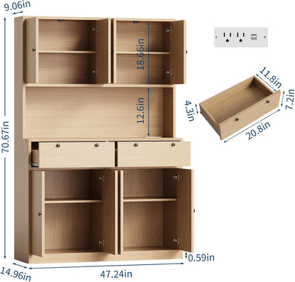 Modern Tall Kitchen Pantry Cabinet with Charging Station - 71" Height, 47" Wide Hutch, 2 Drawers, 8 Doors, Adjustable Shelves, Countertop - Dining Room or Kitchen Storage - Natural Wood