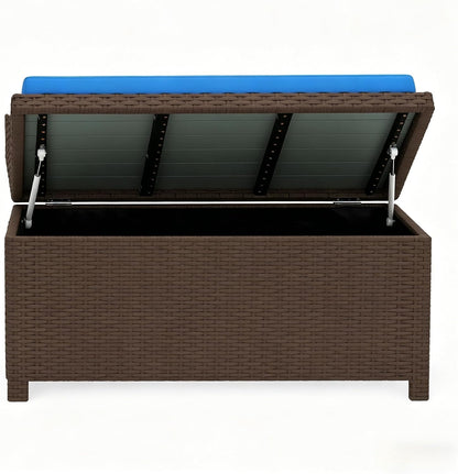 2-in-1 Outdoor Wicker Storage Bench with Cushion - 34 Gallon Patio Deck Box with Gas Struts - Weather-Resistant Aluminum Garden Bench for Porch, Pool & Backyard