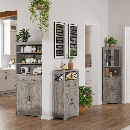 FiveWillowise Small Farmhouse Storage Cabinet with Barn Doors, Farmhouse Kitchen Pantry Cabinet, Tall Coffee Bar with Storage, Hutch Cupboard for Kitchen, Laundry, Living Room, Washed Grey