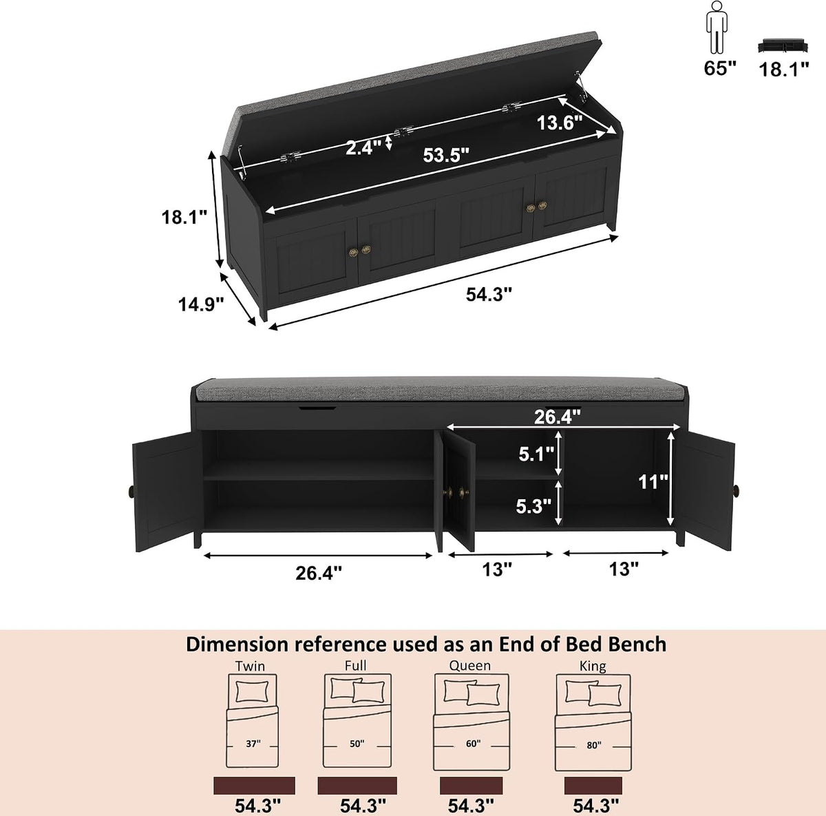 HOMEFORT 54.4" Shoe Bench with Lift Top Storage, Entryway Bench with Cushioned Seat, Wooden End of Bed Bench, Shoe Cabinet Bench with Hidden Storage Space, for Bedroom, Hallway,Black