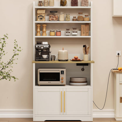 IDEALHOUSE Bakers Rack with Storage Cabinet, Microwave Stand with Power Outlets, Farmhouse Bakers Rack with Thick Table Top, Small Kitchen Bakers Rack for Kitchen,Dining Room,White & Peer Wood