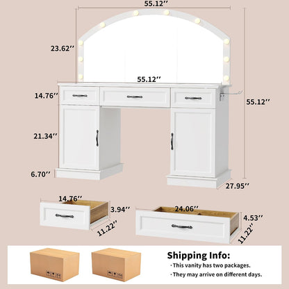 Vanity Table with Mirror and Lights, 55" Large LED Makeup Mirror with 3 Color Modes, Modern Dressing Table with Drawers and Cabinets, HD Glass Top Beauty Desk for Bedroom, Gift for Women