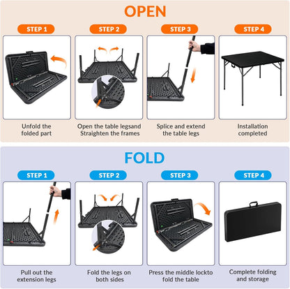 34" Square Folding Table, Portable Folding Card Table with Collapsible Legs & Carrying Handle, Plastic Tables for Camping,Picnic, Office, Party,Black