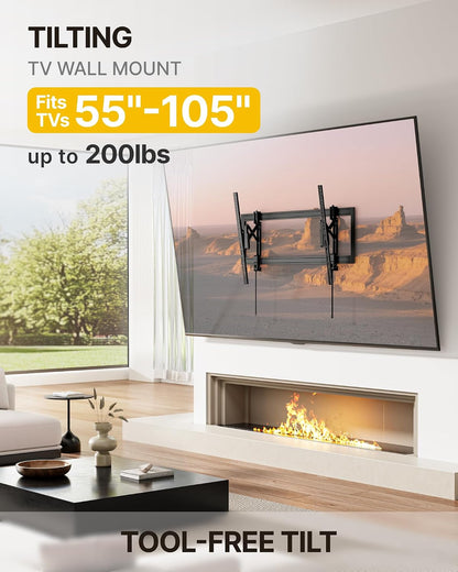 monTEK Heavy Duty Tilting TV Wall Mount for 55–105" Large TVs up to 200lbs | Tilt TV Mount,Low Profile,Swivel Adjustment,6.8" Extension, Max VESA 1000x600mm, Fits 16"/18"/24"/32" Studs,Quick Release