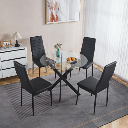 35.4" Round Glass Dining Table with Cross Metal Legs, Modern Small Kitchen Table for 2-4 People, Clear Tempered Glass Top Circle Dining Table for Living Room, Apartment, Black