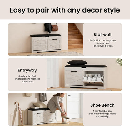 39" Shoe Storage Bench with Seat Cushion, Wood, Ash White | 8-Pair Shoe Capacity, 2 Doors, Comfortable Seating, Space-saving, Narrow Entryway Bench Ideal for Foyer, 330 lb Capacity