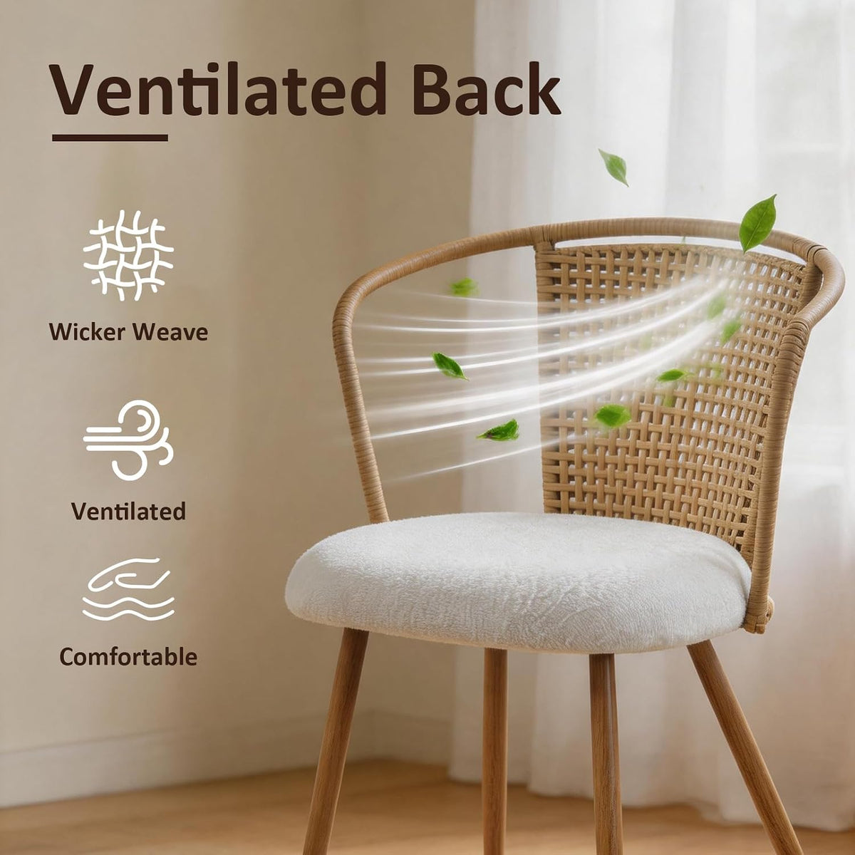 Rattan Dining Chairs,Upholstered Boucle Cushion with PE Cane Wing Back Kitchen Chair,Modern Dining Room Chair with Wood Metal Legs for Kitchen,Beige White Set of 4