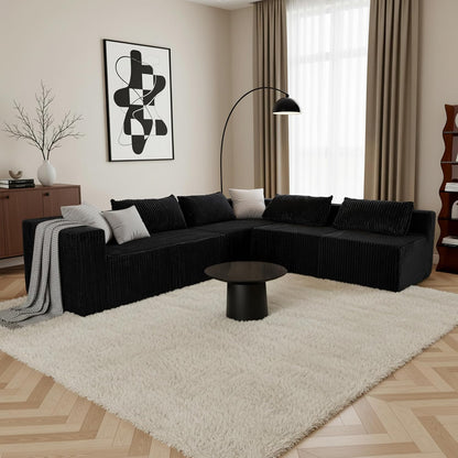 Claiks 128" U-Shaped Modular Sectional Sofa No Assembly Required, Oversized Cloud Couch with Double Chaise, Corduroy Fabric for Living Room & Apartment, Black