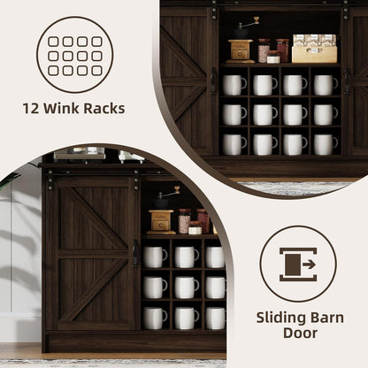 4ever2buy 55" Farmhouse Coffee Bar Cabinet with Storage & Wine Rack, Oak | Storage Hutch with Adjustable Shelves, Wine Rack and 8 Hooks for Living Room or Dining Room Storage