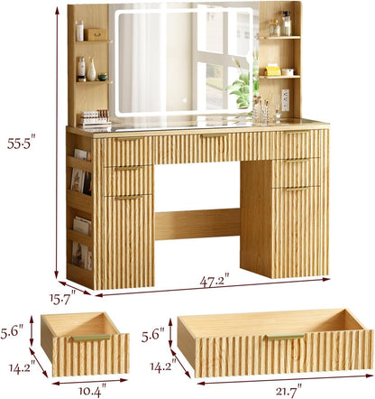 47.2" Fluted Makeup Vanity Desk with Large, 28.7" Mirror and Lights, 5 Drawer Vanity with Power Strip, 6 Open Shelves, 2 Cabinet, Modern Bedroom Vanity Featuring Visual Transparent Glass