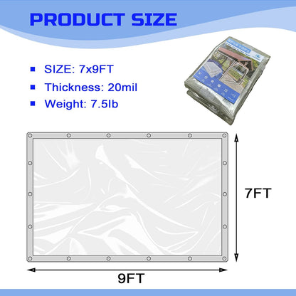 Clear Tarp 7 x 9FT, 20 Mil Clear Vinyl Tarp, Small Cover Plastic Sheeting with Grommets, Double-Stitched Reinforced Edges, Heavy Duty Tarps Waterproof and Tearproof