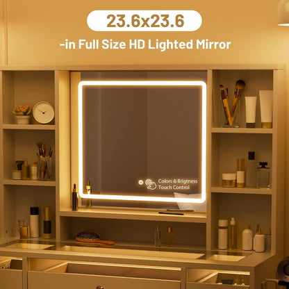 LIVELYGLOW 43.3" White Large Makeup Vanity Desk with Glass Top & RGB Lights