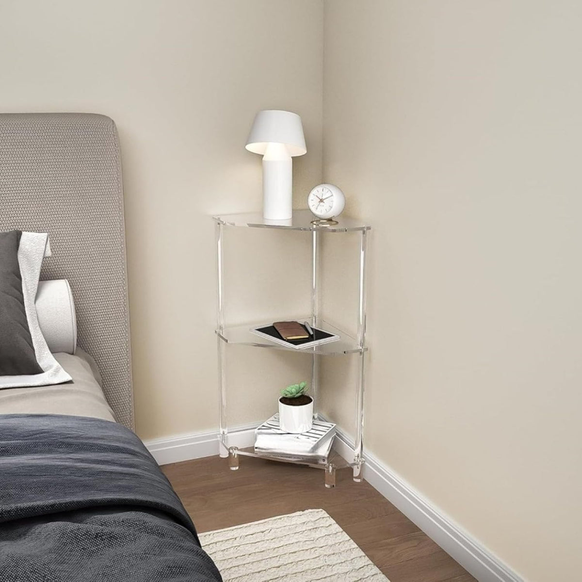 65cm / 25.6in Clear Acrylic Triangle End Table,3 Tier Acrylic Corner Side Table with Tempered Glass Shelfr,for Living Room Bedroom, Corner Display Rack Storage