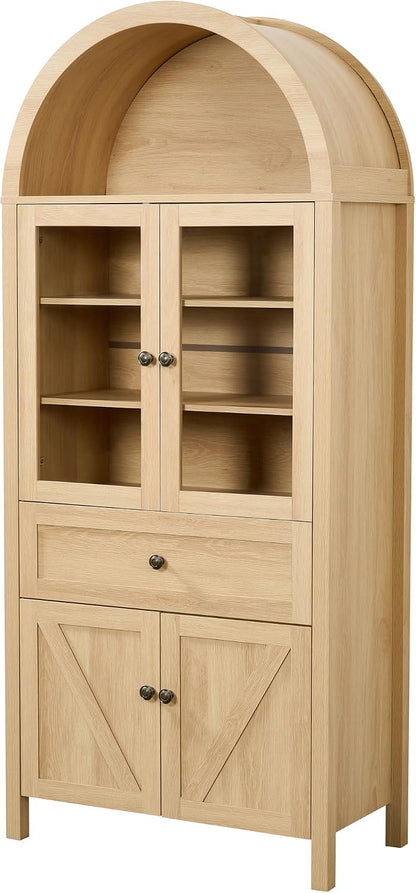 GDFStudio 71'' Arched Kitchen Pantry Cabinet, Wooden Pantry Cabinets for Kitchen Storage, Kitchen Storage Furniture with Adjustable Shelves, Multi-Functional Bookcase for Living Room, Oak