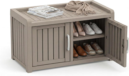 2-Tier Storage Bench, Waterproof UV-Resistant Outdoor Shoe Storage Cabinet, Outdoor Shoe Rack with 2 Doors & Adjustable Shelves for Indoor Outdoor Entryway, Hallway, Living Room (Grey)