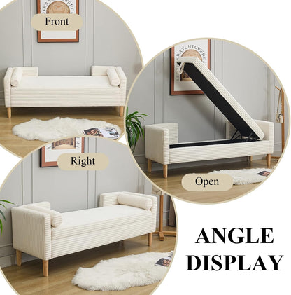 65.35" Storage Bench, Corduroy Upholstered End of Bed Bench with Bolster Pillows, Modern Storage Bench with Natural-Patterned Wooden Legs, Comfy Entryway Bench for Entryway (Beige)