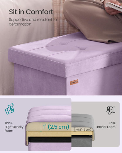 SONGMICS Foldable Storage Ottoman with Flipping Lid, 30 Inch Velvet Bench | Coffee Table, Folding Storage Bench for Bedroom, Entryway Shoe Bench, Hibiscus Purple, ISLAND Collection ULSF048PE01