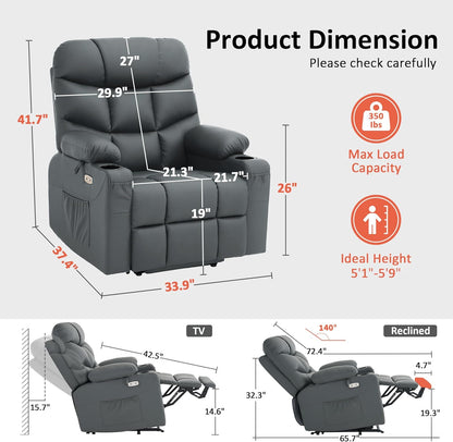 MCombo Power Lift Recliner Chair for Elderly, for Mom, Electric Lift Chair with Extended Footrest, USB Ports, Cup Holders, Faux Leather 7287 (Dark Grey, Medium)