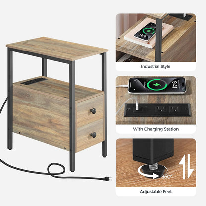 HOOBRO End Table with Charging Station, Narrow Side Table with 2 Drawer & USB Ports & Power Outlets, Nightstand for Small Spaces, for Living Room, Bedroom, Sapphire Brown UC541BZ01