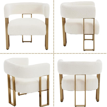 Barrel Accent Chair,Modern Side Chair with Golden Metal Legs, Sherpa Upholstered Reading Armchair for Bedroom, Boucle Club Chairs for Living Room/Reception Room/Lounge/Office, White