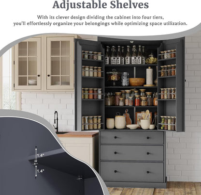 Bellemave Large Kitchen Pantry Freestanding Cupboard Storage Cabinet with 3 Adjustable Shelves, 8 Door Shelves, 3 Drawers High Kitchen Buffet Cabinet for Living Room, Kitchen (Grey)
