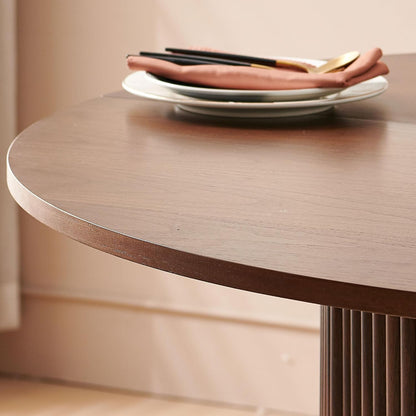 Homedot 47" Round Kitchen Dining Table Walnut for 4 with Veneer Tabletop | Farmhouse Dinner Table Fluted| Two-Part Tabletop| Rustic Circle Dining Table with Wooden Strip Base for Dining Living Room
