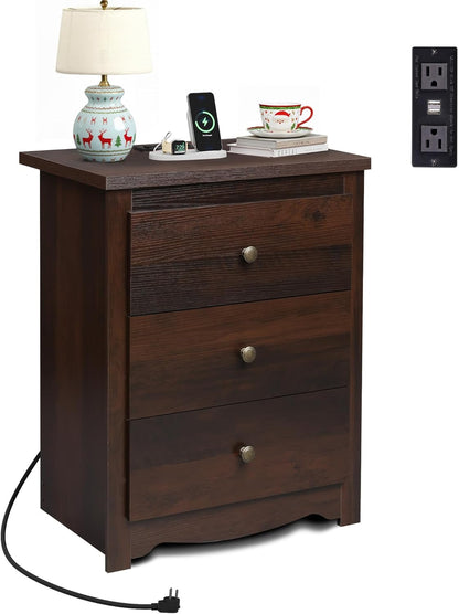 WLIVE Tall Nightstand with Charging Station, Wood Night Stand with 3 Drawers Storage, Bedside Table End Side Tables with 2 USB Ports and Outlets for Bedroom, Closet, Espresso