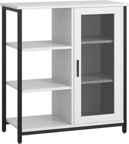 LVSOMT Coffee Bar Cabinet with Adjustable Shelves and Door, Rustic White | 27.5'' Small Coffee Station with Table, Mini Sideboard Buffet, Iron Wood Frame, 3-Tier, for Tea, Dishes, Snacks, Home Kitchen