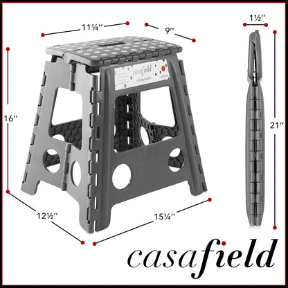 Casafield 16" Folding Step Stool with Handle (Set of 2), Gray - Portable Collapsible Small Plastic Foot Stool for Adults - Use in the Kitchen, Bathroom and Bedroom