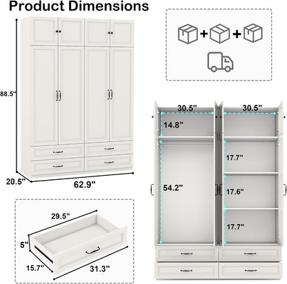 Armoire Wardrobe Closet with Doors: 89" Extra Tall White Wardrobe with Storage on Top, Bedroom Armoires with 4 Doors and 4 Drawers, Large Wood Closet Armoire for Hanging Clothes