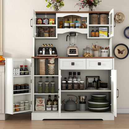 Loomie 60" Tall Farmhouse Pantry Cabinet, Kitchen Hutch with 2 Drawers, Kitchen Pantry Storage Cabinet with Adjustable Shelf and Microwave Stand, Food Pantry Cabinet for Living Room, Kitchen (White)