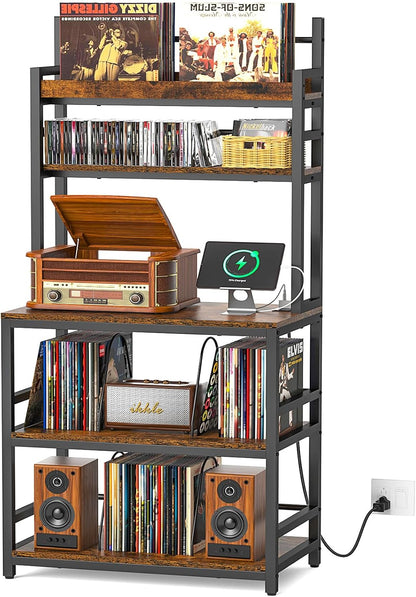 Large Record Player Stand with Vinyl Storage Shelf, Holds Up 500+ Albums | 5-Tier Record Player Table Turntable Stand with Charging Station & CD/DVD Rack, Vinyl Record Storage for Living Room Bedroom