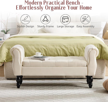 47.6" Storage Bench for End of Bed Bedroom, Velvet Ottoman Bench with Arms and Wood Legs, Upholstered Tufted Button Entryway Bench with Storage, Window Sitting Bench for Living Room, Cream