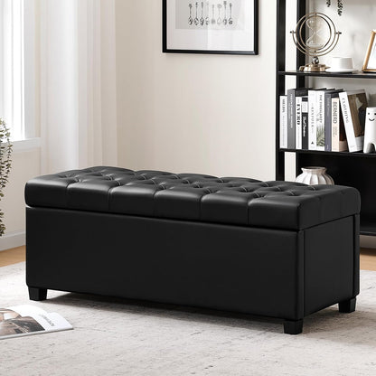 Living&Giving Leather Storage Ottoman Bench for Bedroom, 47.2", Black | 47.2'' faux leather storage ottoman with safety hinge, tufted seat and spacious hidden storage for everyday organization.